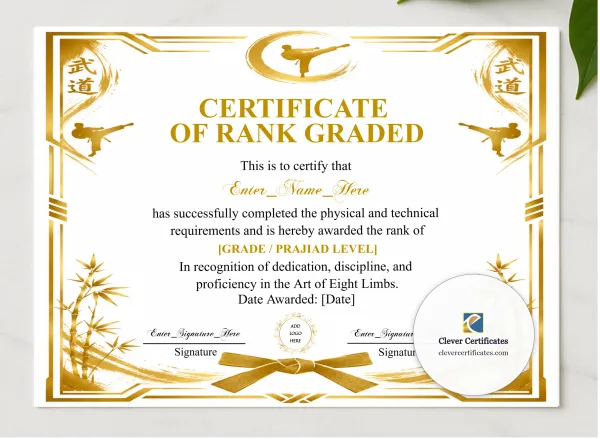 Muay Thai Grading Certificate Black And Gold Landscape presented in a sleek wooden frame, elegantly arranged on a stylish table.
