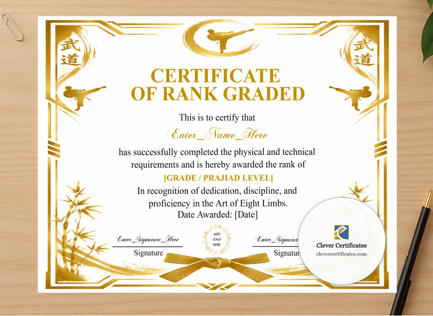 Professional preview of Muay Thai Grading Certificate Black And Gold Landscape certificate on high-quality stationery paper, ideal for showcasing the final look.