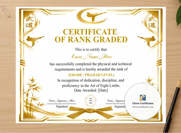 Professional preview of Muay Thai Grading Certificate Black And Gold Landscape certificate on high-quality stationery paper, ideal for showcasing the final look.