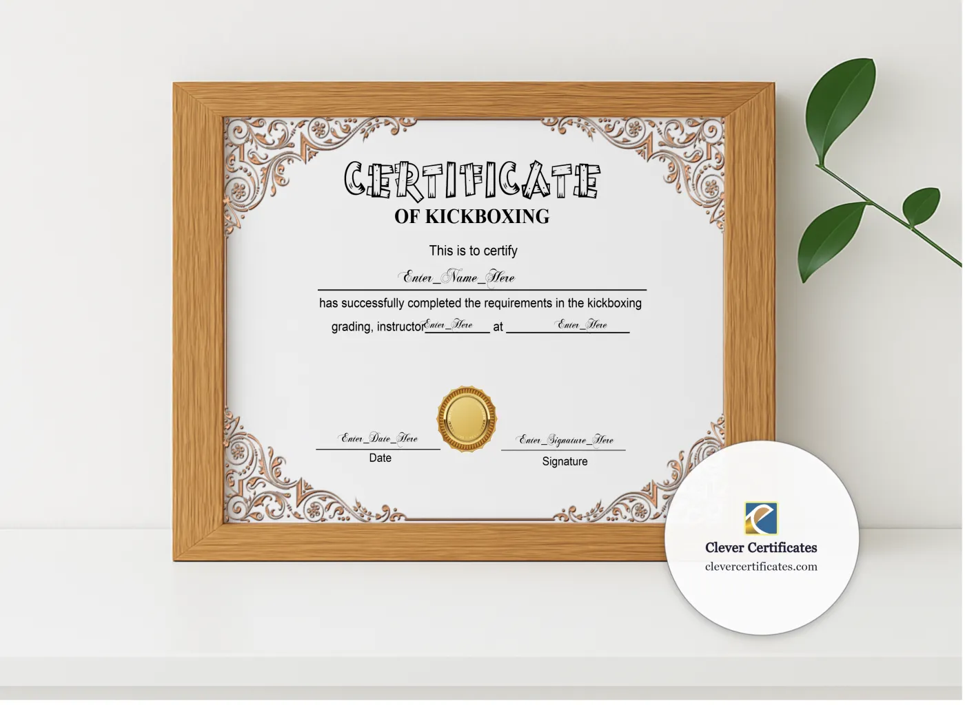 Realistic mockup featuring Kickboxing Grading Certificate Black And Gold Landscape displayed within a modern frame, set against a minimalistic background.