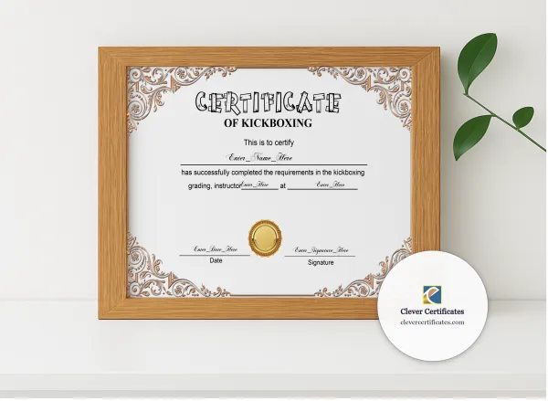 Realistic mockup featuring Kickboxing Grading Certificate Black And Gold Landscape displayed within a modern frame, set against a minimalistic background.