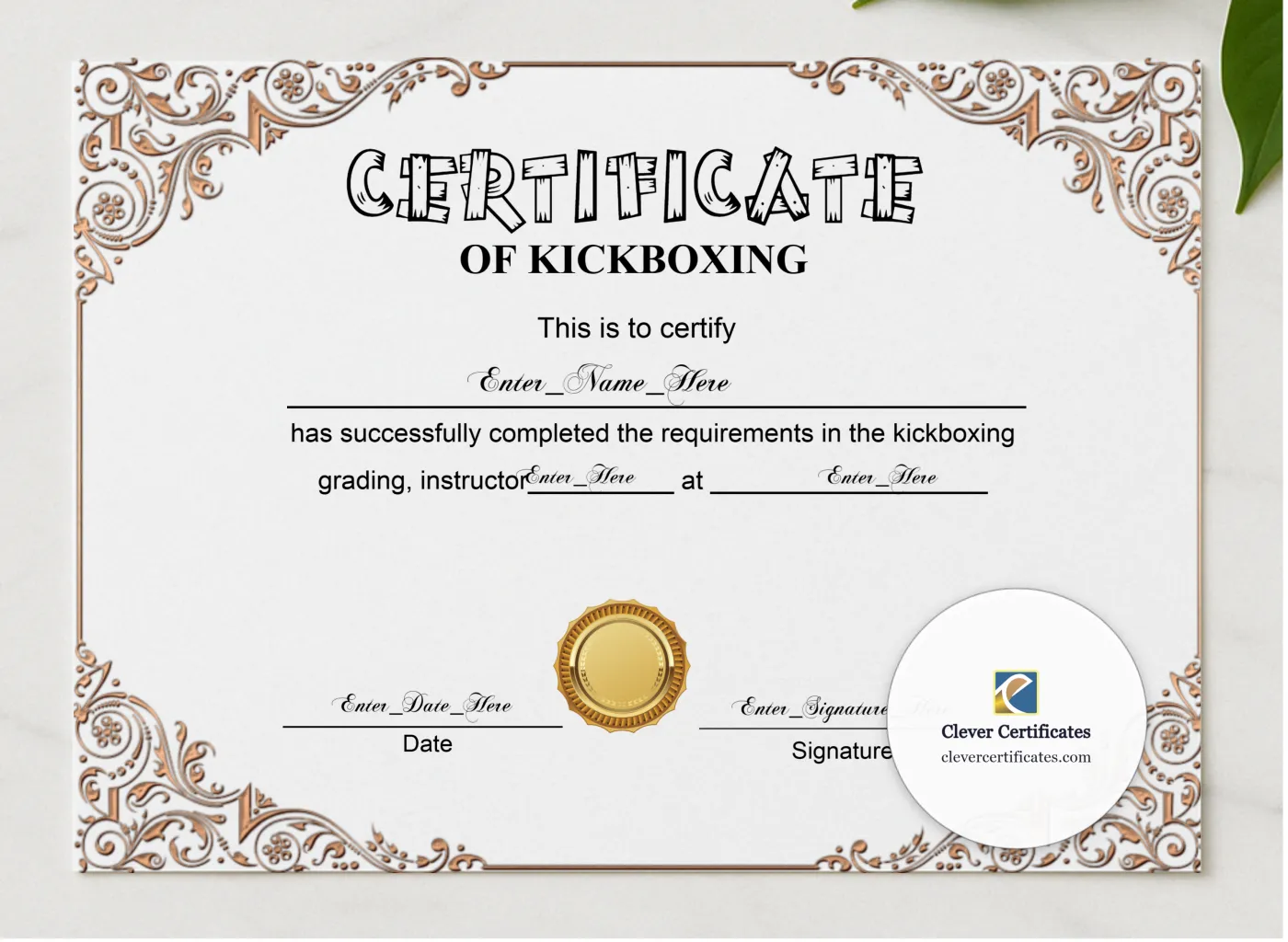 Kickboxing Grading Certificate Black And Gold Landscape presented in a sleek wooden frame, elegantly arranged on a stylish table.