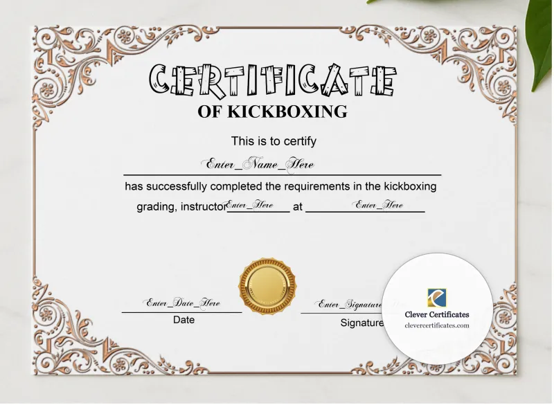 Kickboxing Grading Certificate Black And Gold Landscape presented in a sleek wooden frame, elegantly arranged on a stylish table.