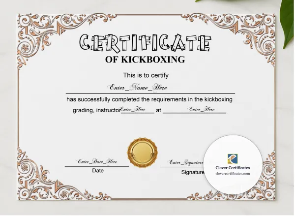 Kickboxing Grading Certificate Black And Gold Landscape presented in a sleek wooden frame, elegantly arranged on a stylish table.