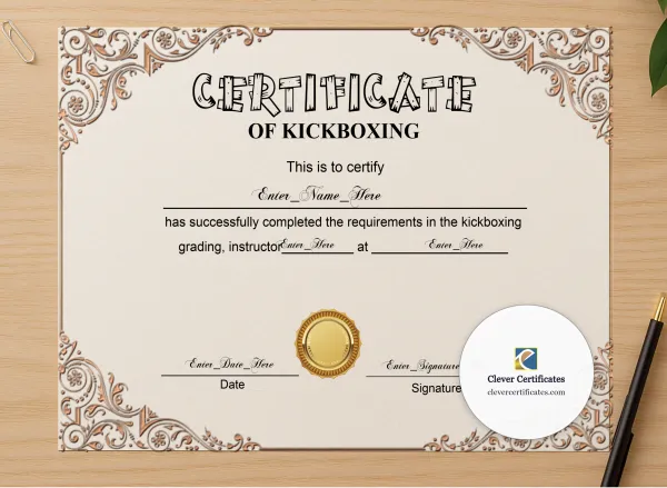 Professional preview of Kickboxing Grading Certificate Black And Gold Landscape certificate on high-quality stationery paper, ideal for showcasing the final look.