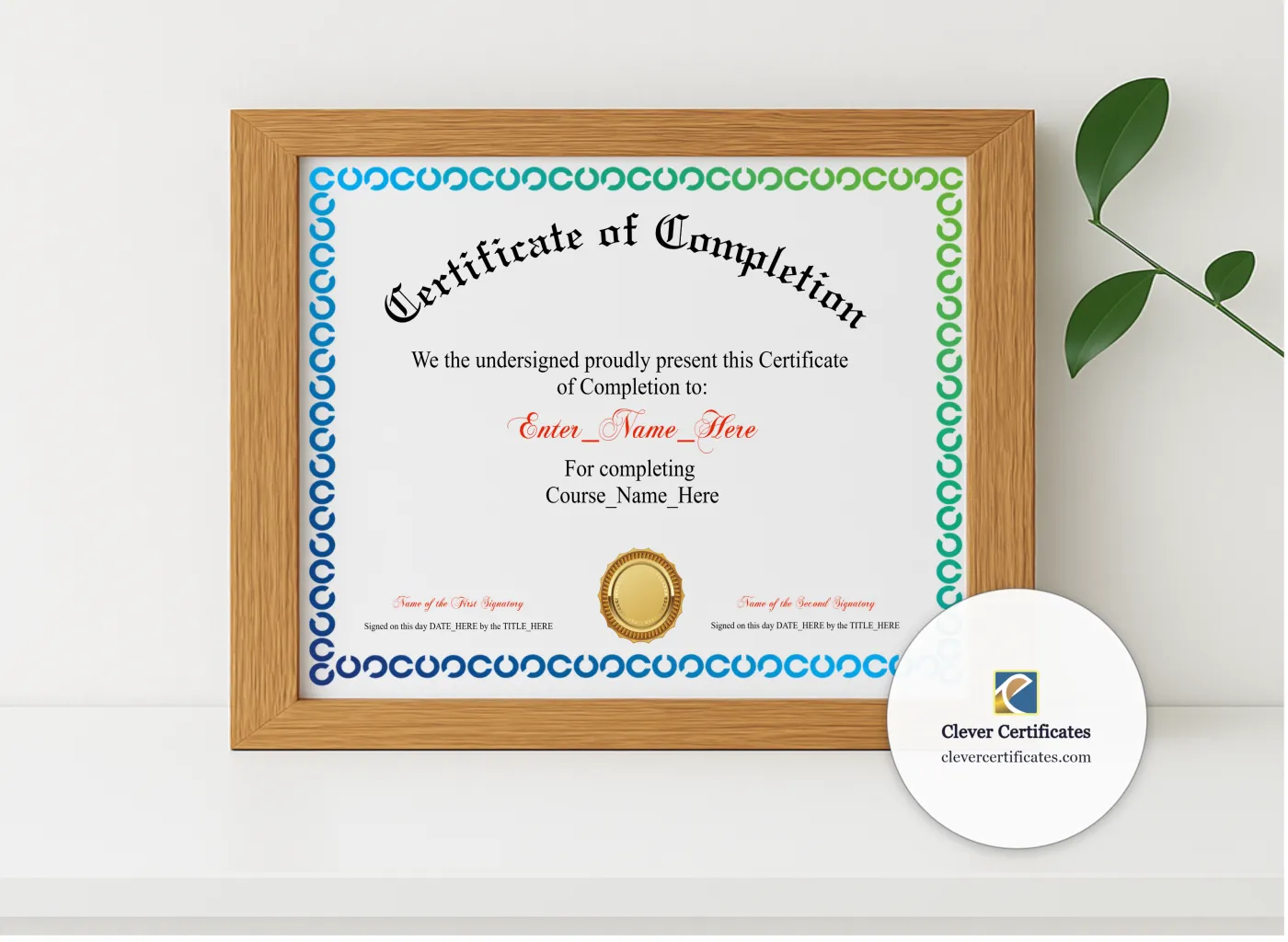 Realistic mockup featuring Course Completion Certificate Classic Gold Landscape displayed within a modern frame, set against a minimalistic background.