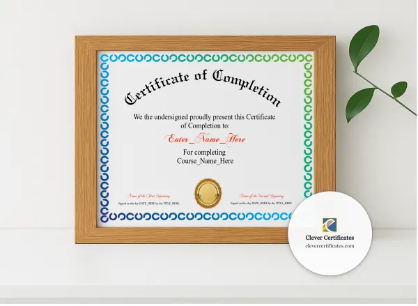 Realistic mockup featuring Course Completion Certificate Classic Gold Landscape displayed within a modern frame, set against a minimalistic background.