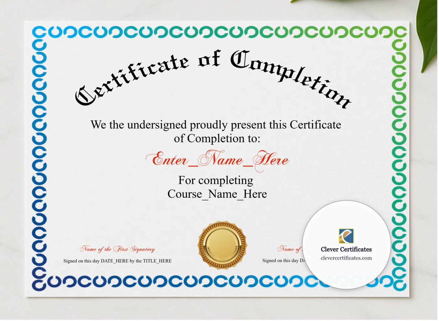 Course Completion Certificate Classic Gold Landscape presented in a sleek wooden frame, elegantly arranged on a stylish table.