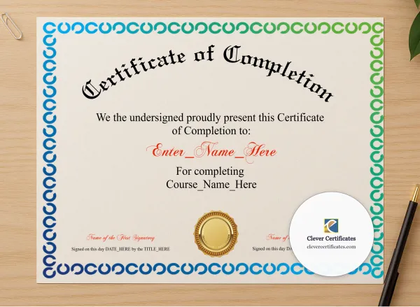 Professional preview of Course Completion Certificate Classic Gold Landscape certificate on high-quality stationery paper, ideal for showcasing the final look.