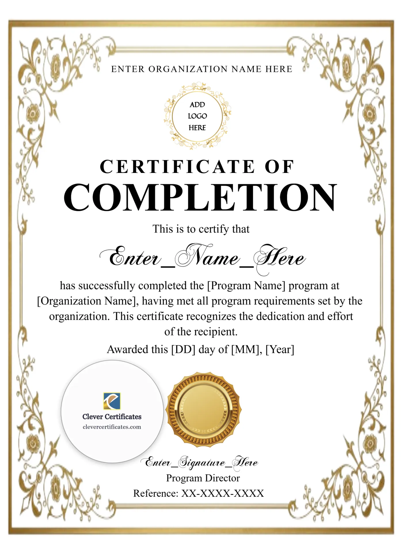 Course Completion Certificate Classic Gold Portrait — Certificate Template Preview
