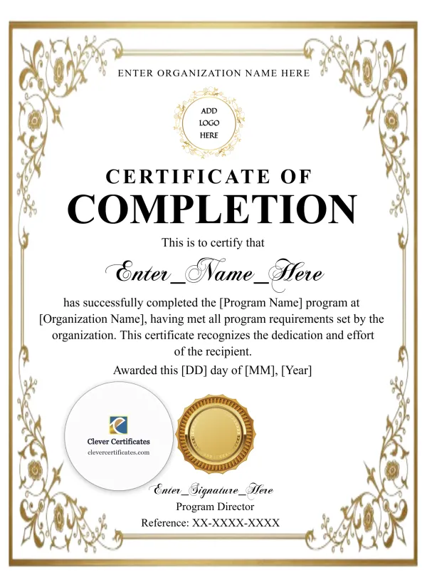 Course Completion Certificate Classic Gold Portrait — Certificate Template Preview