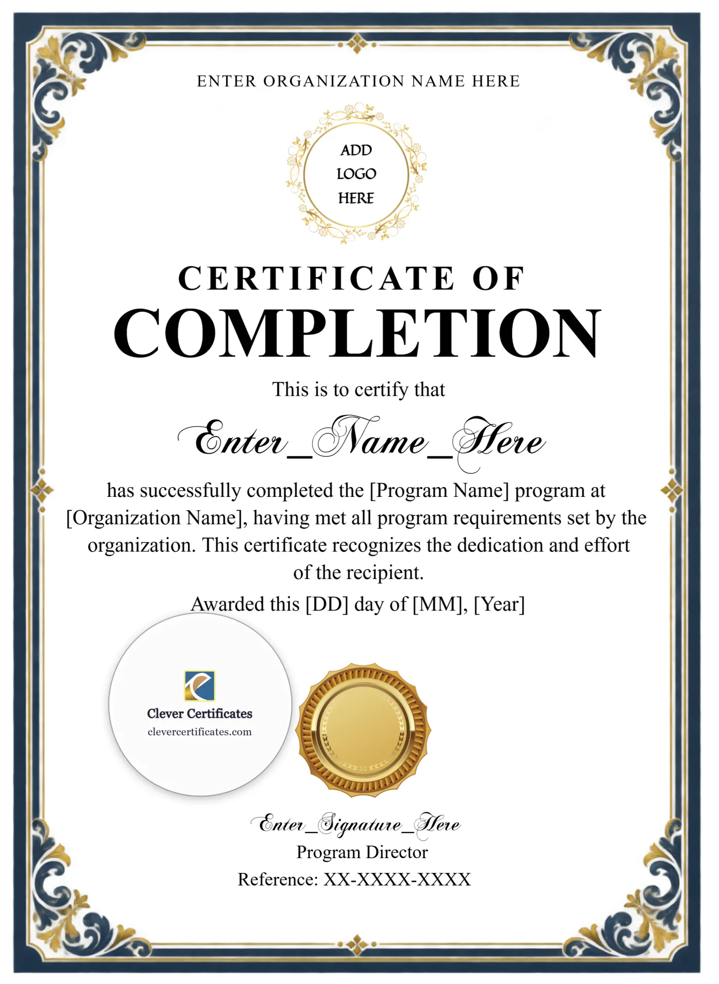Program Completion Certificate Blue Filigree Classic Portrait — Certificate Template Preview