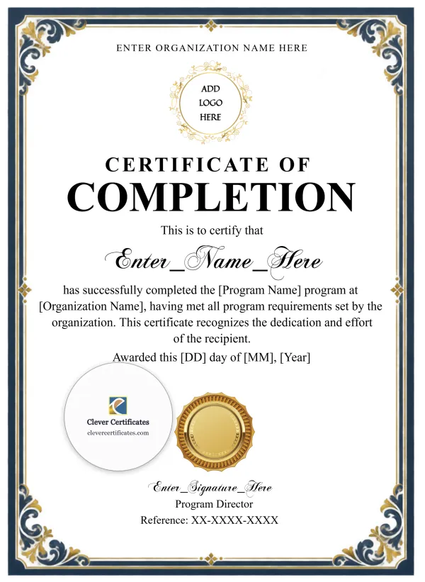 Program Completion Certificate Blue Filigree Classic Portrait — Certificate Template Preview
