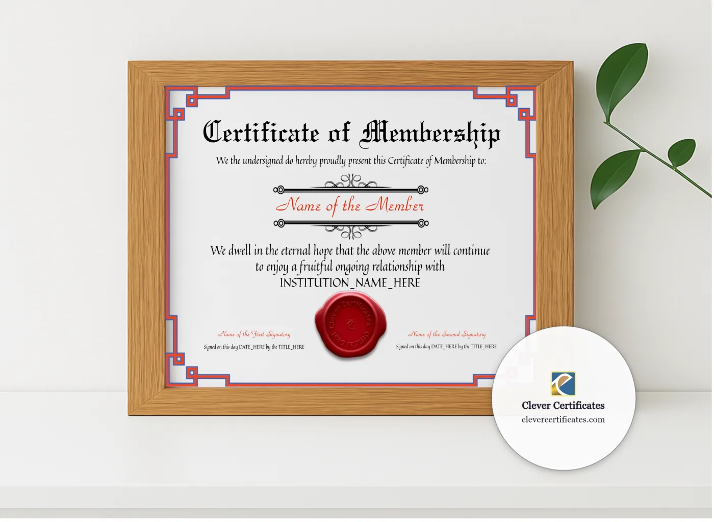 Realistic mockup featuring Certificate Of Membership displayed within a modern frame, set against a minimalistic background.