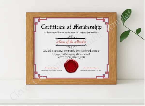 Realistic mockup featuring Certificate Of Membership displayed within a modern frame, set against a minimalistic background.