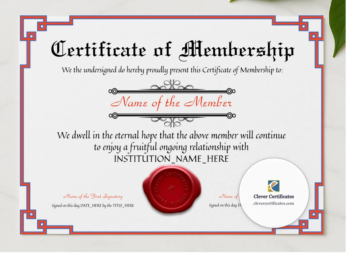 Certificate Of Membership presented in a sleek wooden frame, elegantly arranged on a stylish table.