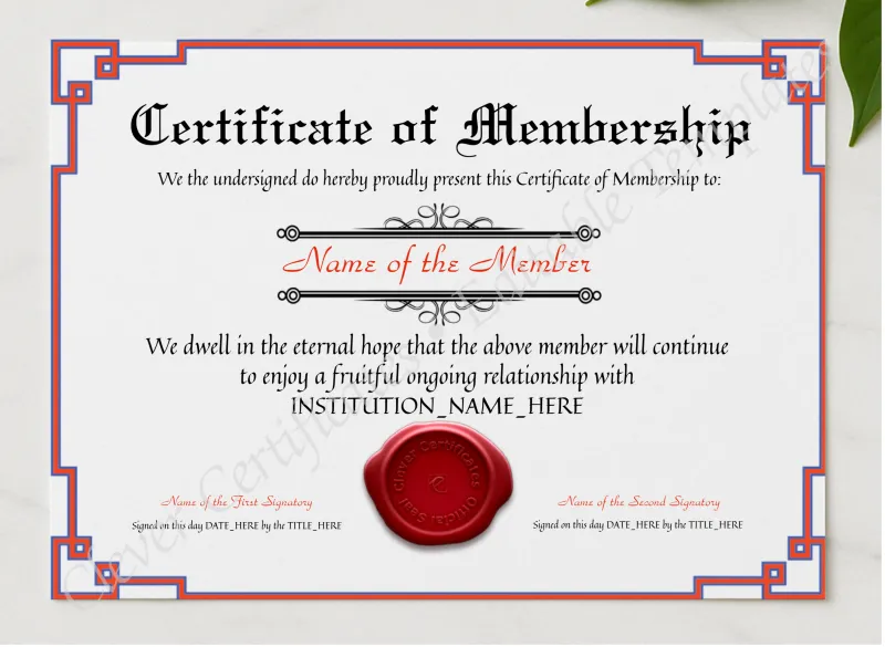 Certificate Of Membership presented in a sleek wooden frame, elegantly arranged on a stylish table.