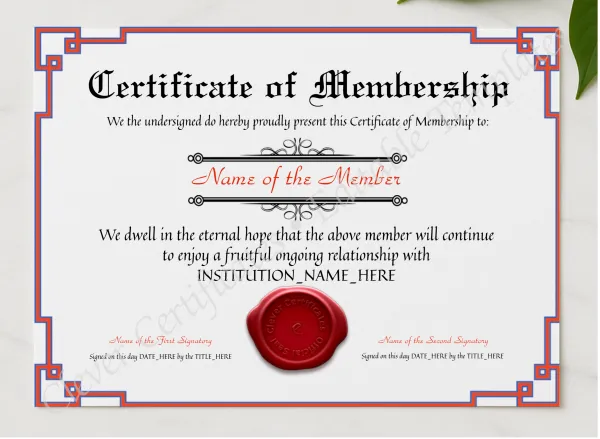 Certificate Of Membership presented in a sleek wooden frame, elegantly arranged on a stylish table.
