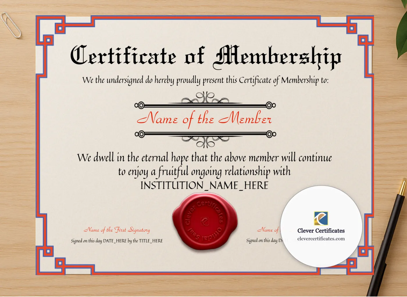 Professional preview of Certificate Of Membership certificate on high-quality stationery paper, ideal for showcasing the final look.