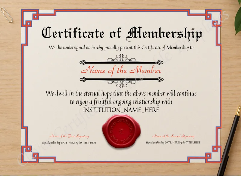 Professional preview of Certificate Of Membership certificate on high-quality stationery paper, ideal for showcasing the final look.