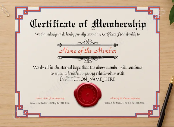 Professional preview of Certificate Of Membership certificate on high-quality stationery paper, ideal for showcasing the final look.
