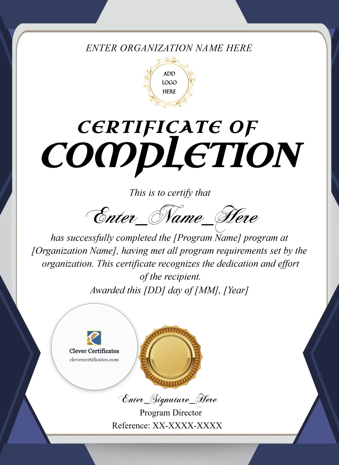 Program Completion Certificate Blue Filigree Modern Portrait — Certificate Template Preview