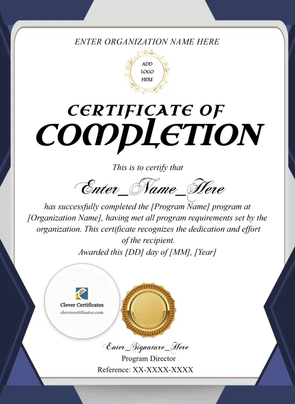 Program Completion Certificate Blue Filigree Modern Portrait — Certificate Template Preview