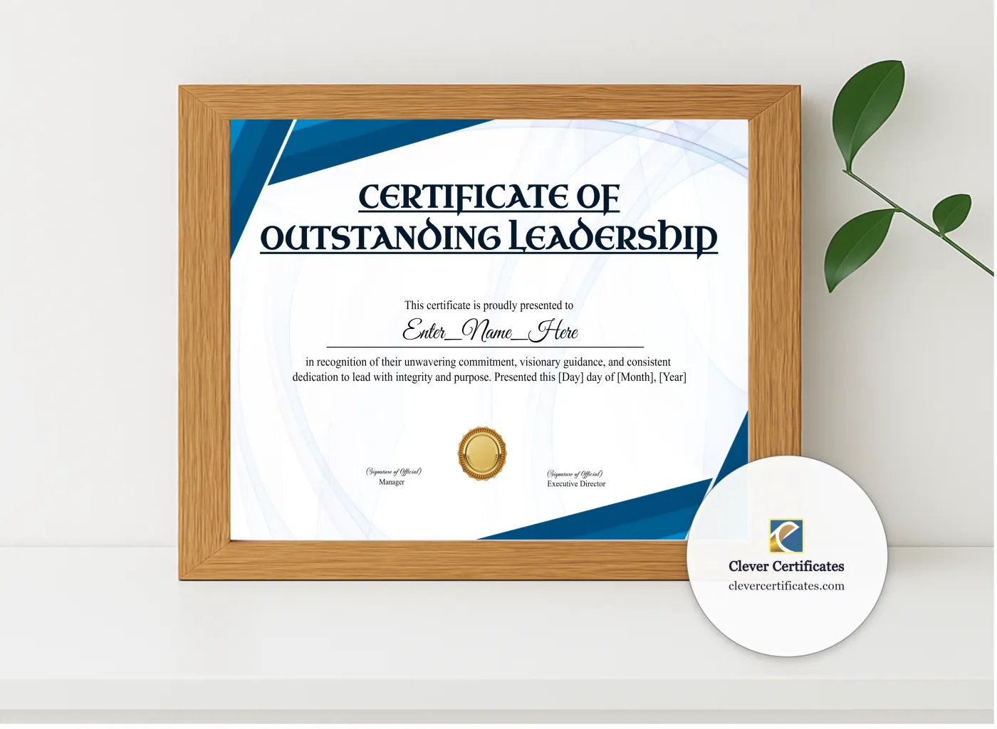 Realistic mockup featuring Leadership Award Classic Gold Landscape displayed within a modern frame, set against a minimalistic background.