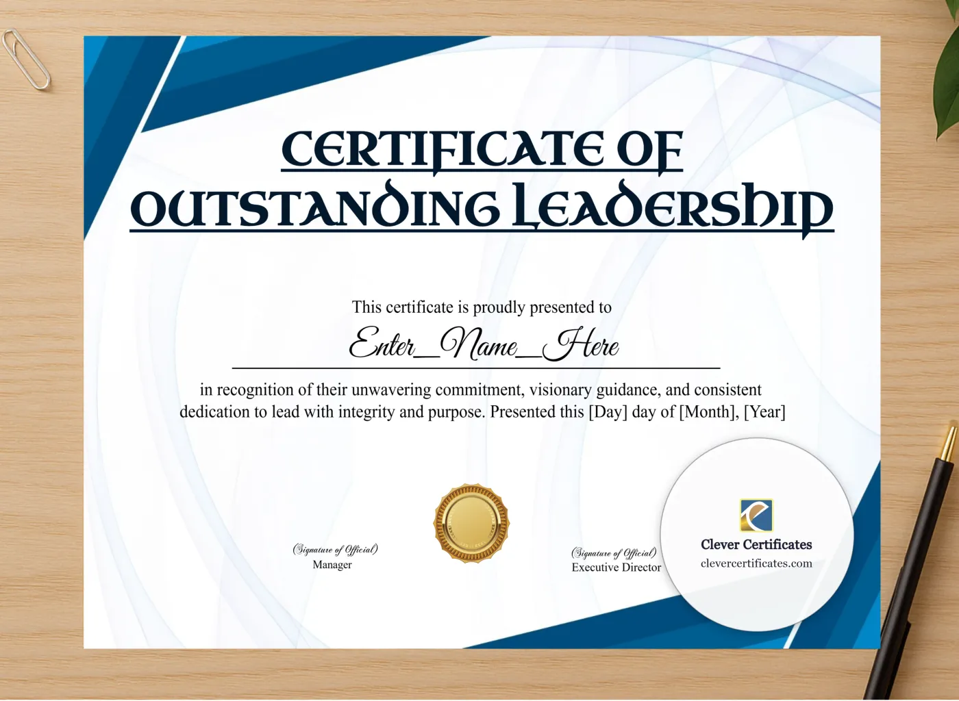 Professional preview of Leadership Award Classic Gold Landscape certificate on high-quality stationery paper, ideal for showcasing the final look.