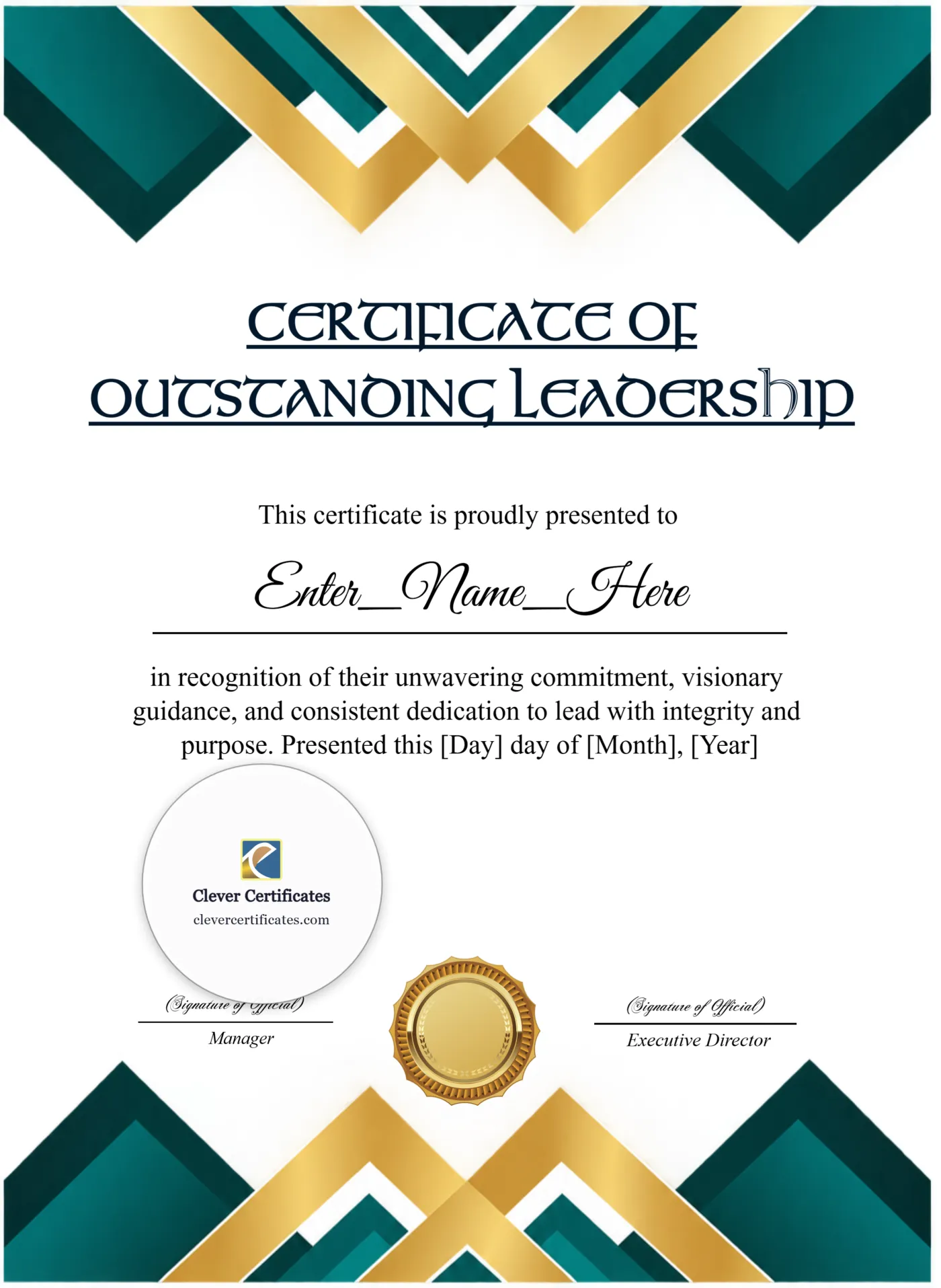 Leadership Award Classic Gold Portrait — Certificate Template Preview
