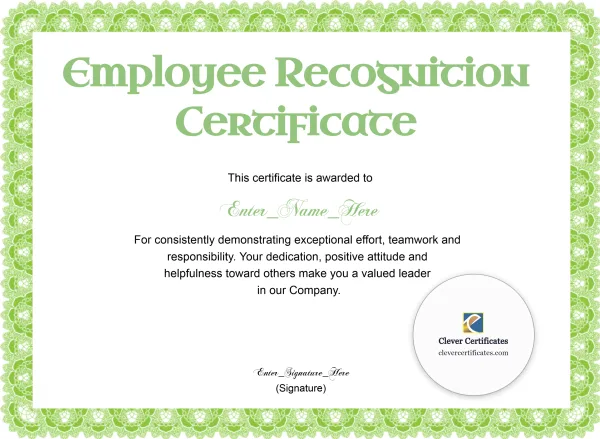 Free Employee Recognition Certificate — Green Guilloche Landscape