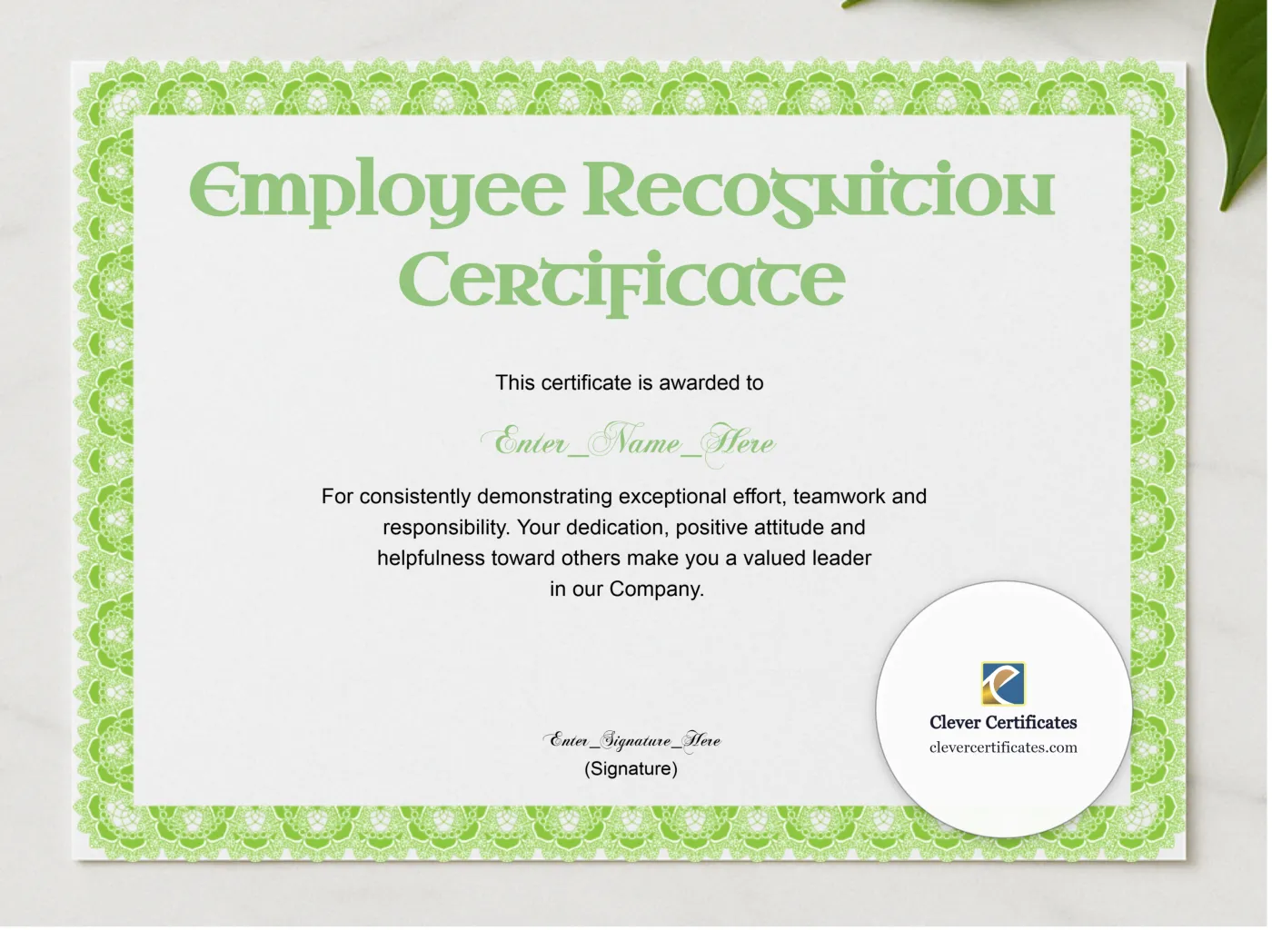 Employee Recognition Certificate Classic Gold Landscape presented in a sleek wooden frame, elegantly arranged on a stylish table.