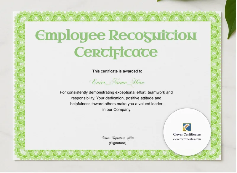 Employee Recognition Certificate Classic Gold Landscape presented in a sleek wooden frame, elegantly arranged on a stylish table.