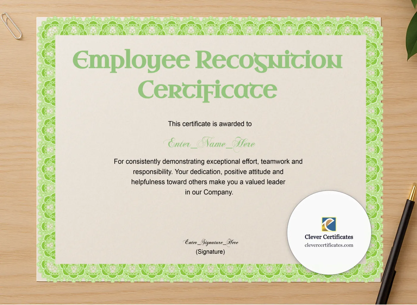 Professional preview of Employee Recognition Certificate Classic Gold Landscape certificate on high-quality stationery paper, ideal for showcasing the final look.