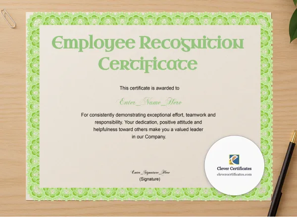 Professional preview of Employee Recognition Certificate Classic Gold Landscape certificate on high-quality stationery paper, ideal for showcasing the final look.