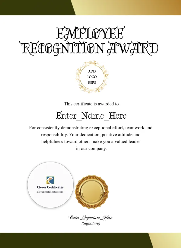 Free Employee Recognition Certificate — Olive And Gold Portrait