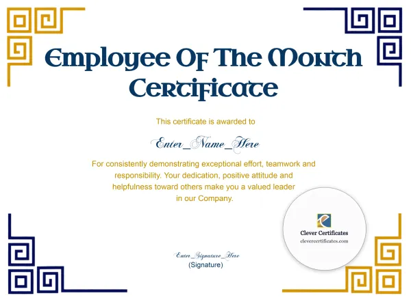 Free Employee of the Month Certificate — Navy And Gold Greek Key Landscape