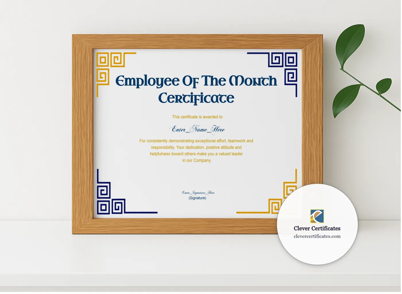 Realistic mockup featuring Employee Of The Month Certificate Classic Gold Landscape displayed within a modern frame, set against a minimalistic background.