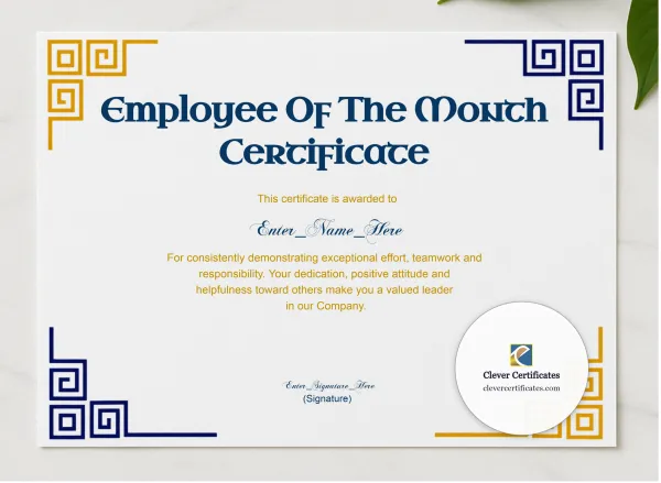 Employee Of The Month Certificate Classic Gold Landscape presented in a sleek wooden frame, elegantly arranged on a stylish table.