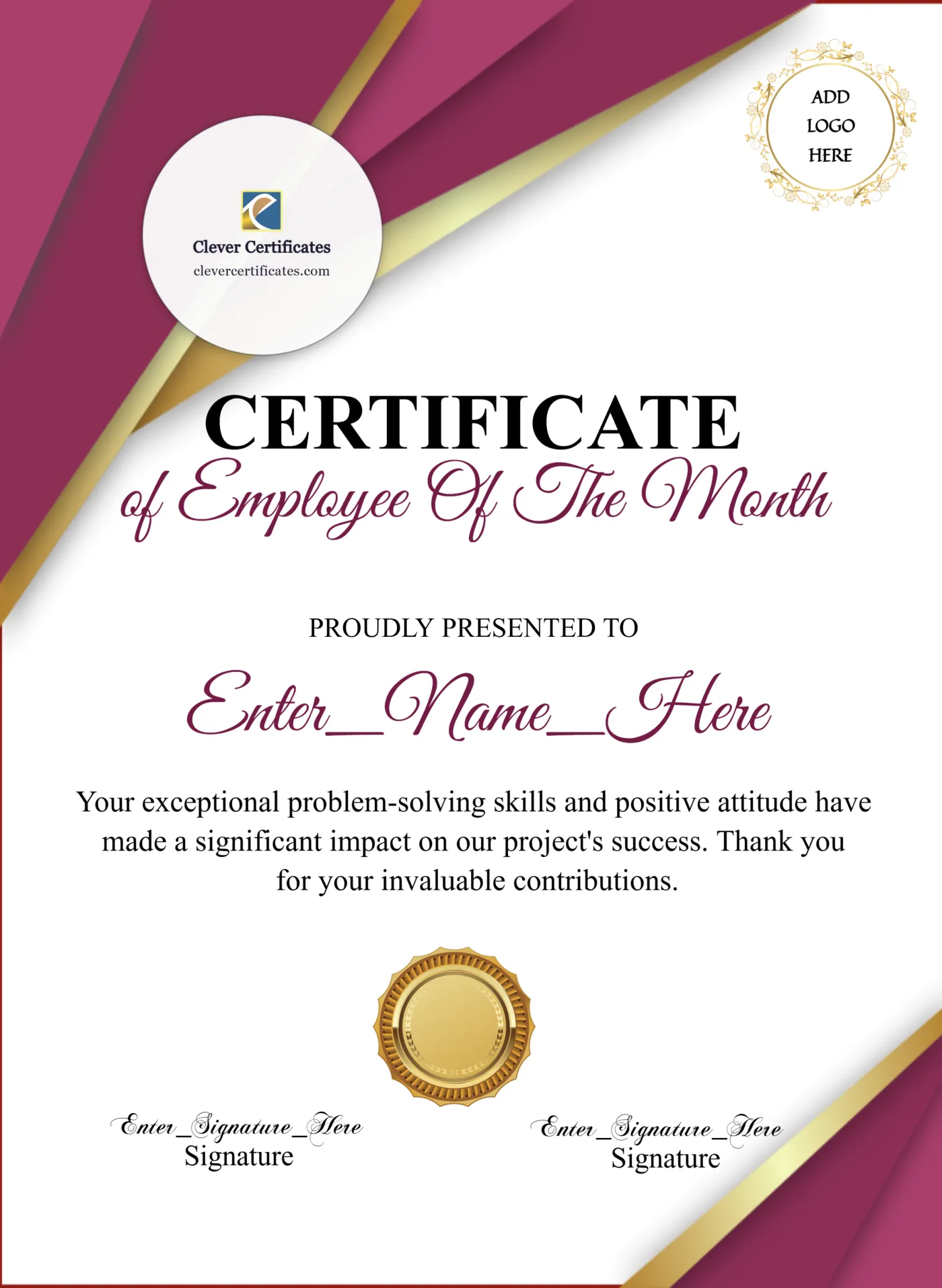 Employee Of The Month Certificate Classic Gold Portrait — Certificate Template Preview