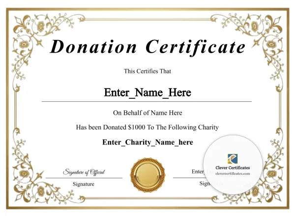 Free Donation Certificate — Gold Floral Frame Landscape