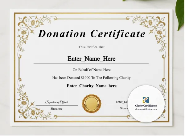 Certificate Of Donation Classic Gold Landscape presented in a sleek wooden frame, elegantly arranged on a stylish table.