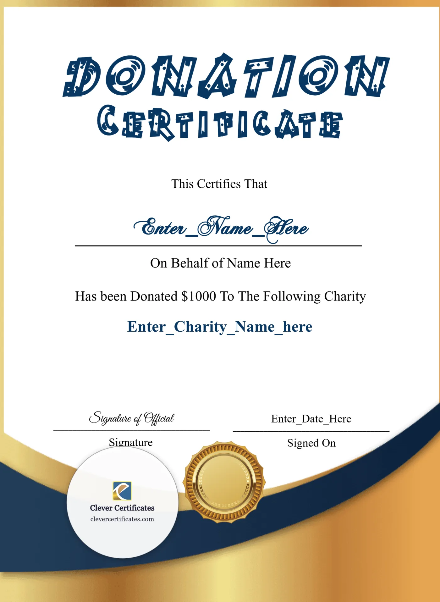 Certificate Of Donation Classic Gold Portrait — Certificate Template Preview