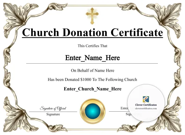 Free Church Donation Certificate — Silver Leaf And Cross Landscape