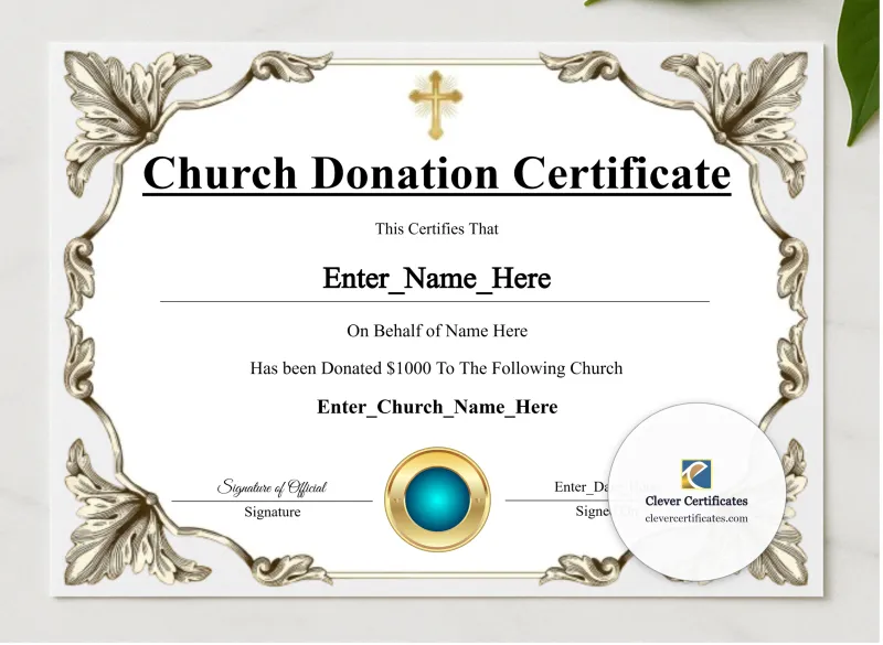 Church Donation Certificate Navy Seal Landscape presented in a sleek wooden frame, elegantly arranged on a stylish table.