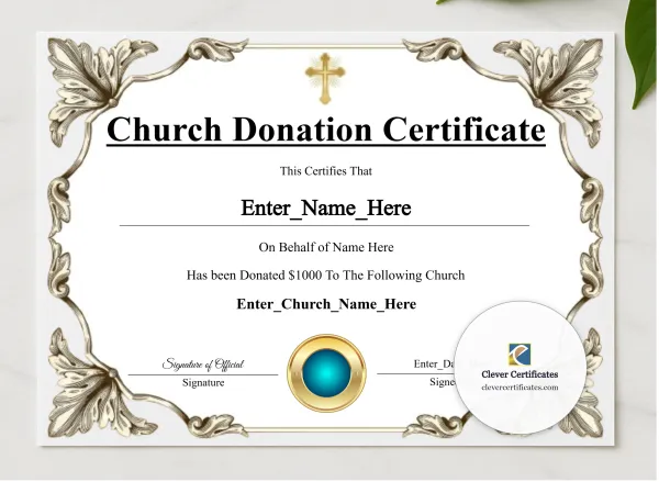 Church Donation Certificate Navy Seal Landscape presented in a sleek wooden frame, elegantly arranged on a stylish table.