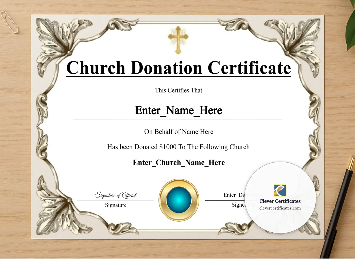 Professional preview of Church Donation Certificate Navy Seal Landscape certificate on high-quality stationery paper, ideal for showcasing the final look.