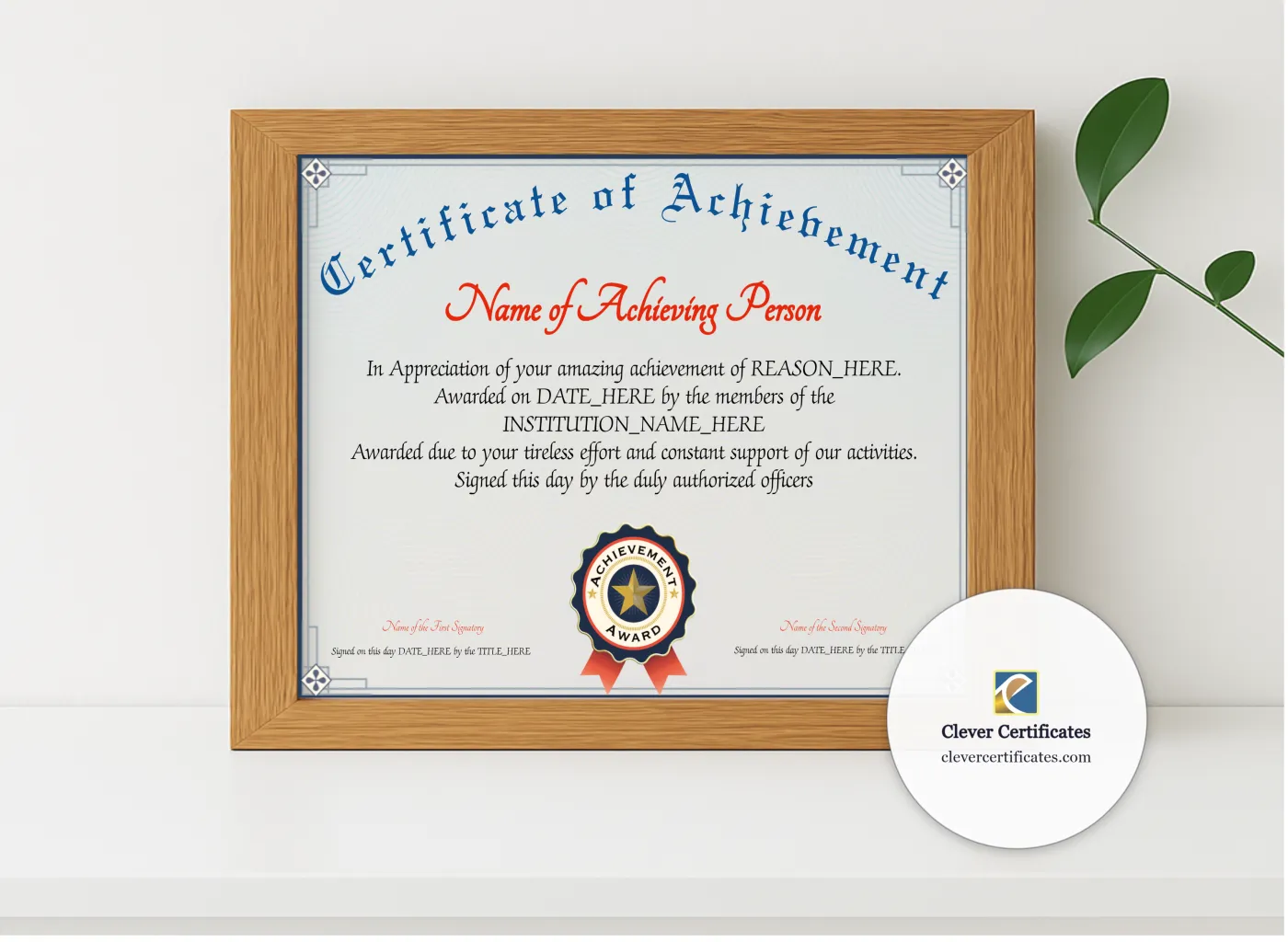 Realistic mockup featuring Achievement Certificate Alt displayed within a modern frame, set against a minimalistic background.