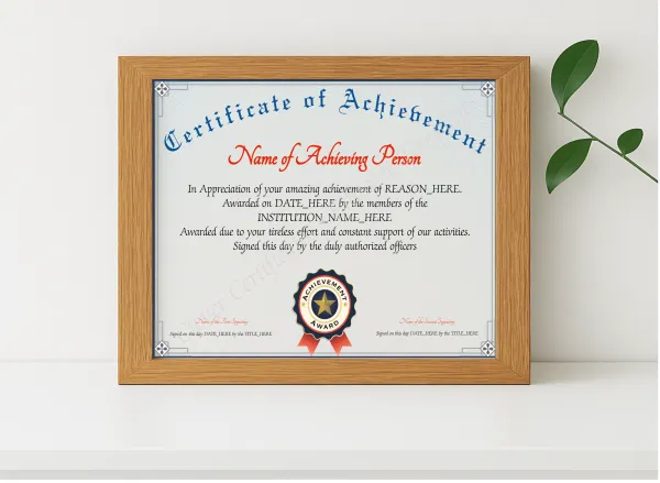 Realistic mockup featuring Achievement Certificate Alt displayed within a modern frame, set against a minimalistic background.