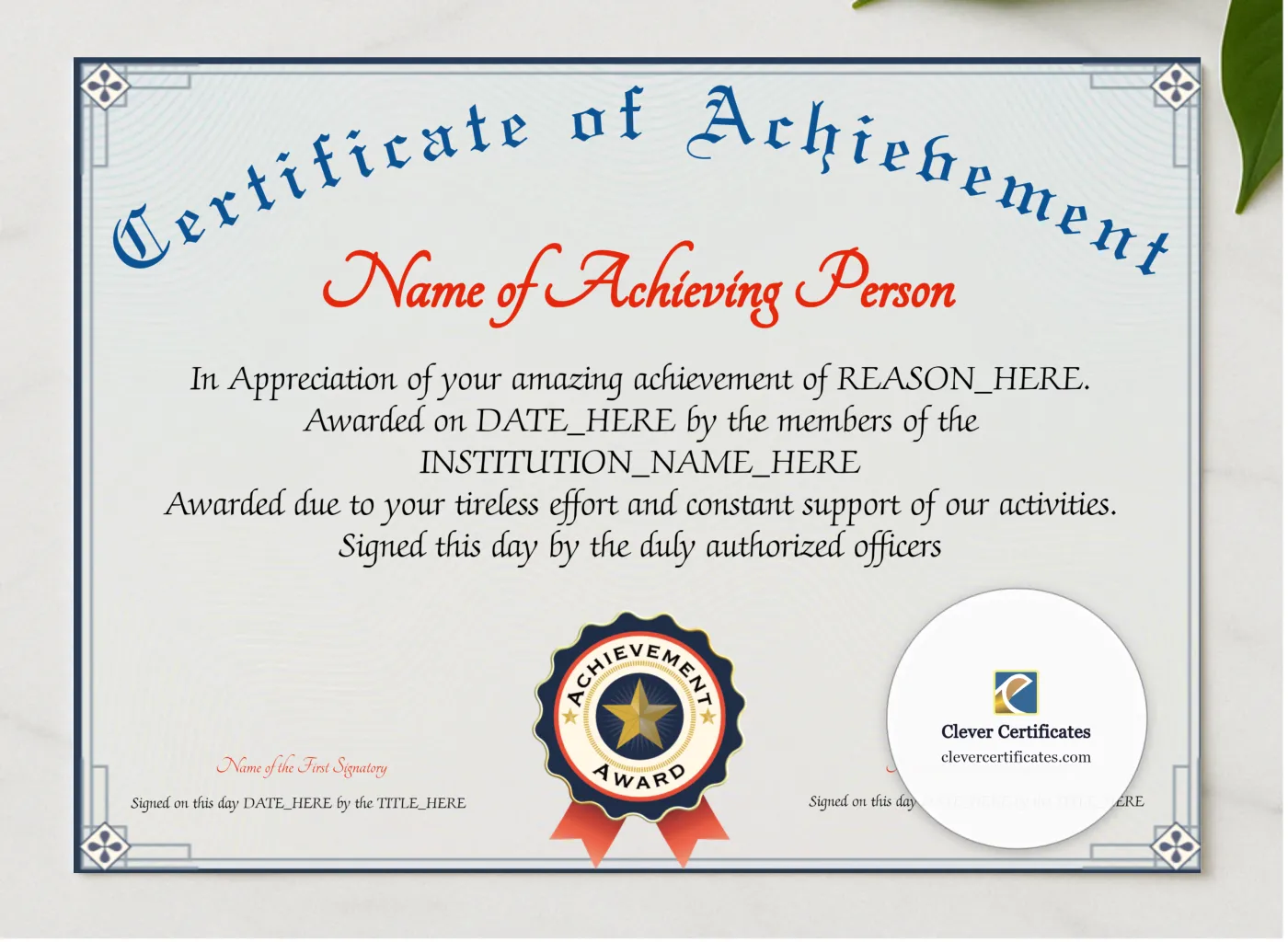 Achievement Certificate Alt presented in a sleek wooden frame, elegantly arranged on a stylish table.